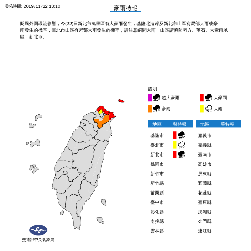 氣象局下午1時10分對基隆市、新北市擴大發布大豪雨特報，對台北市維持發布大雨特報。（擷取自中央氣象局）