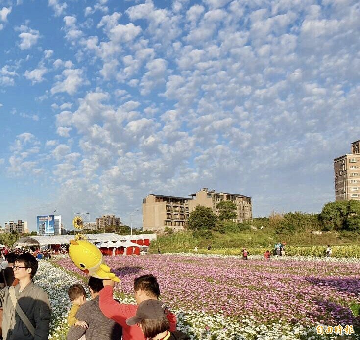 天空超美！桃園花彩節中壢展區閉幕有彩蛋、出現滿滿棉花糖。（記者李容萍攝）