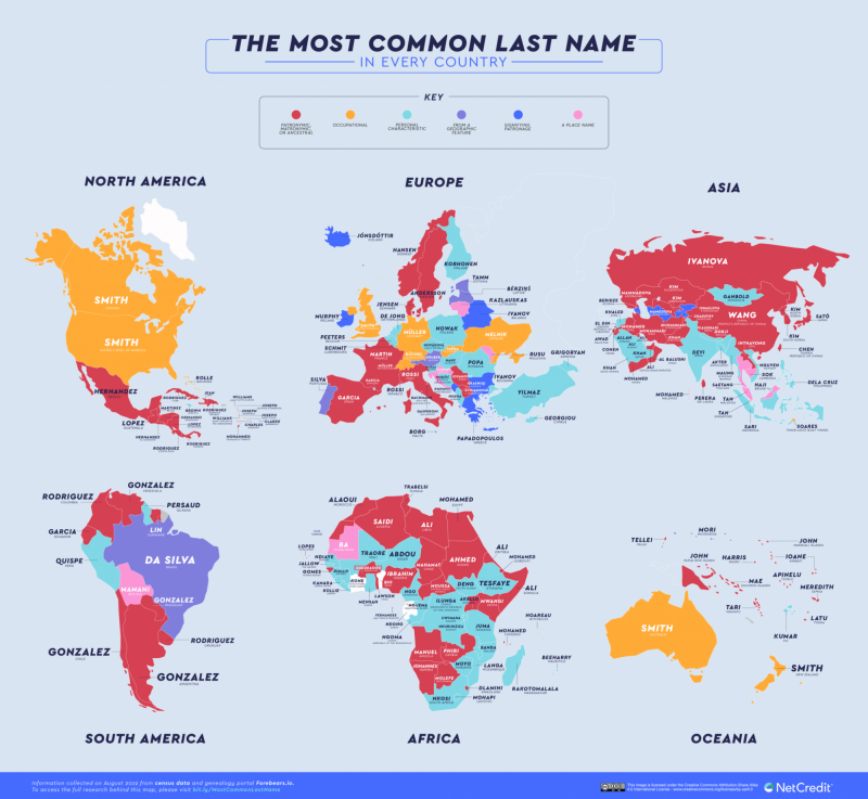 NetCredit公司針對世界各國姓氏進行研究，並以地圖繪出各國最大宗姓氏。（擷取自NetCredit網頁）