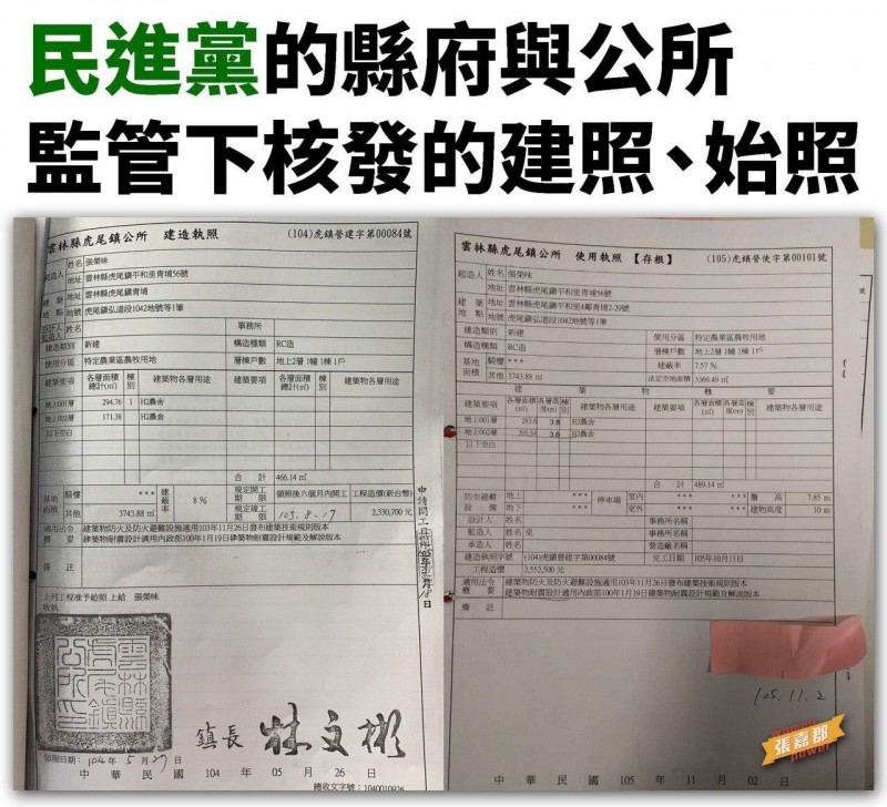 張嘉郡在臉書PO出當年虎尾鎮公所核發的建照、使照，強調農舍合法。（截圖自張嘉郡臉書）