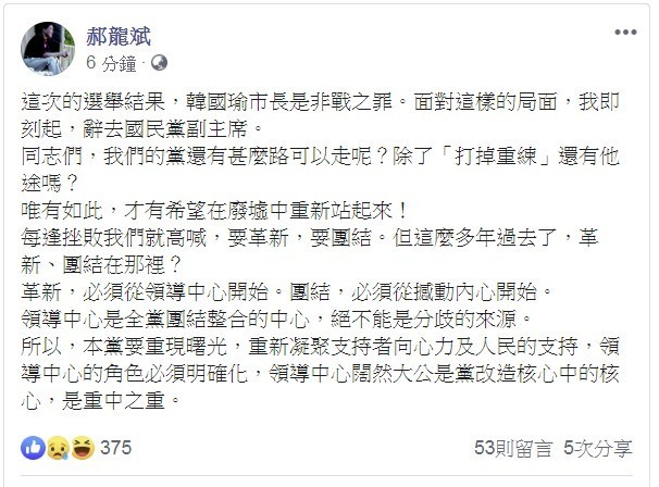 國民黨今天在總統、立委選舉大敗，國民黨副主席郝龍斌稍早發聲明宣布辭職。（圖擷自臉書）