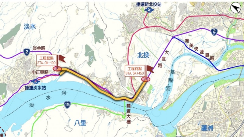 淡北道路北起新北市台二線與台二乙線交會點附近（淡金路與中正東路交叉路口），南訖台北市台二線與大度路交會點附近（大度路與立德路口東側）。（新北市工務局提供）