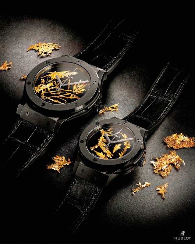 宇舶經典融合系列黃金結晶體腕錶，看見黃金最夢幻、最神奇的表現方式，特寫裝飾於拋光黑面錶盤的24K黃金結晶。共有直徑38毫米（右）與45毫米（左）款式，定價約台幣622,000元至654,000元。（Hublot提供）