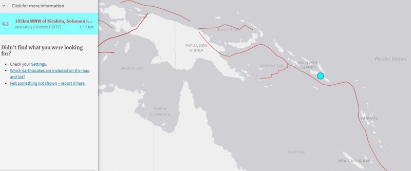 索羅門群島外海今日下午發生規模6.3地震，目前尚未傳出傷亡。（擷取自美國地質調查所「US Geological Survey」）