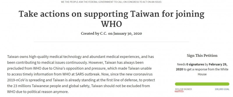 針對台灣始終被拒加入WHO的防疫體系,讓台灣無法獲得最新疫情訊息,有民眾上月底在美國白宮連署請願網站發起連署,呼籲美國支持台灣加入世衛組織,台灣時間今上午11點多已有超過10萬人聯署。(圖擷自連署網站)