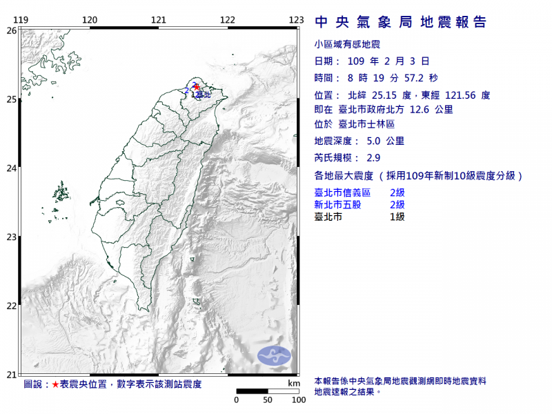 台北市於今日8點19分發生小區域有感地震。（圖擷取自中央氣象局）