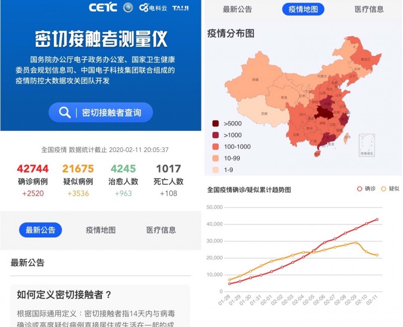 中國官方新APP「密切接觸者測量儀」，可以查詢並追蹤使用者與感染者的接觸狀態。（圖片截取自APP）