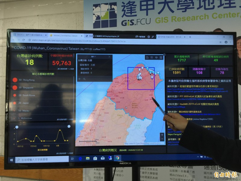 秒懂疫情分佈！逢甲大學開發首個「台灣疫情地圖」，將重要疫情數據視覺化，助一目瞭然。（記者蘇孟娟攝）