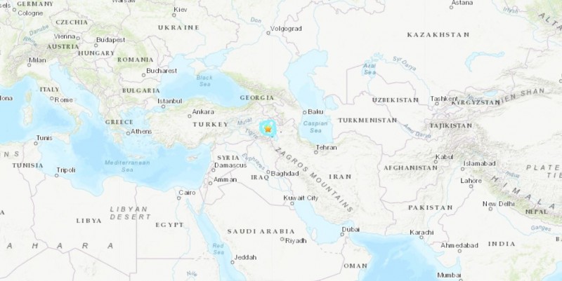 土耳其、伊朗交界今（23日）下午2點左右發生規模5.7地震。（圖擷自USGS）