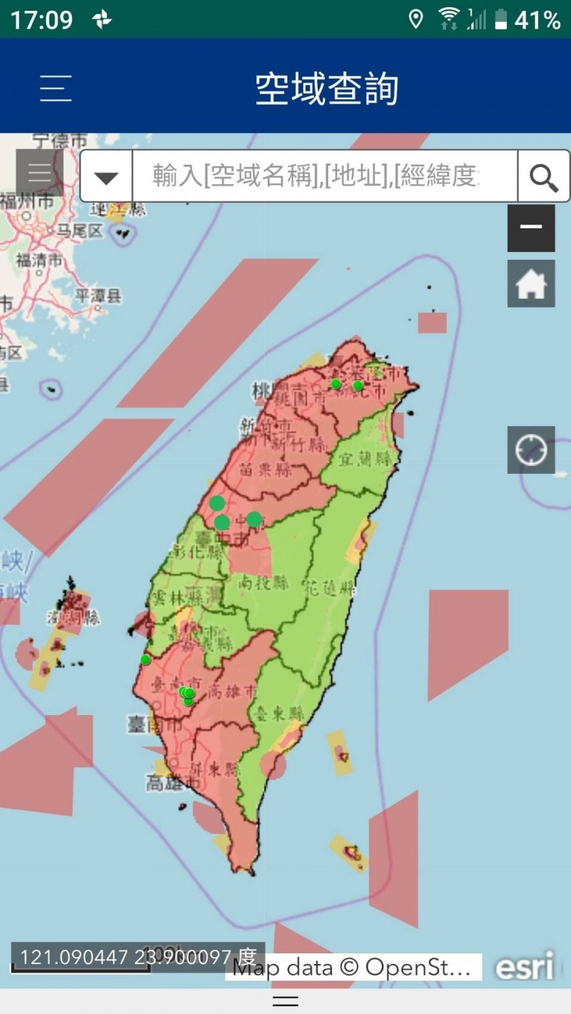 據目前無人機圖資測試顯示，有多個縣市開放的飛航區都在10個以下。（記者蕭玗欣翻攝）