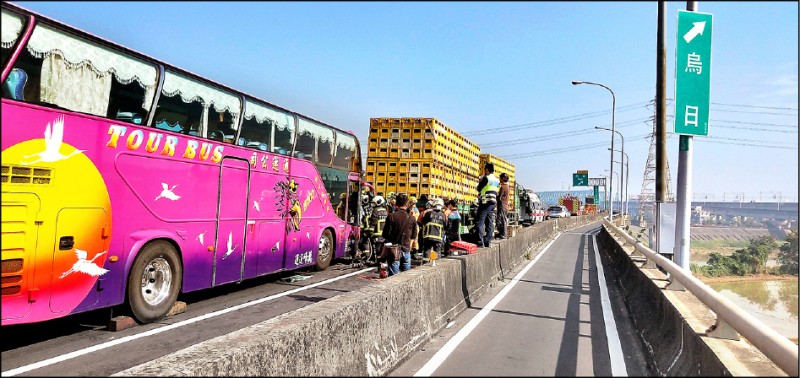 74號快速道路烏日段發生連環車禍，中間小客車遭後方遊覽車追撞變型。（記者蘇金鳳翻攝）