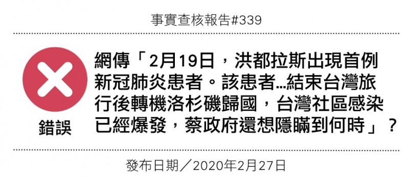 查核中心表示，2月20日流傳的網路貼文指稱「宏都拉斯有一確診個案，代表台灣已爆發社區感染」，為錯誤訊息。（圖擷取自台灣事實查核中心網站）