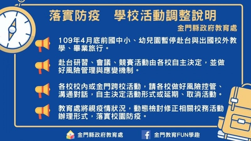 金門縣政府落實校園防疫，地區中小學及幼兒園四月底前暫停赴台校外教學。（圖擷自臉書）