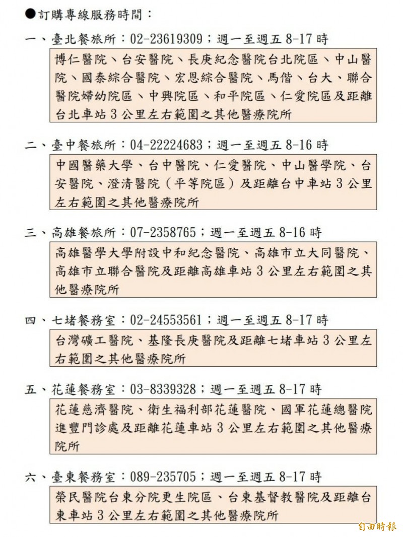 台鐵醫護人員暖心便當各餐務室訂購時間及送醫院。（記者鄭瑋奇攝）