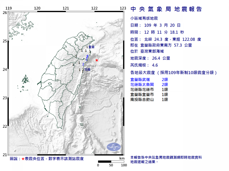 宜蘭縣政府東南方近海剛剛發生芮氏規模4.6地震。（擷取自中央氣象局）