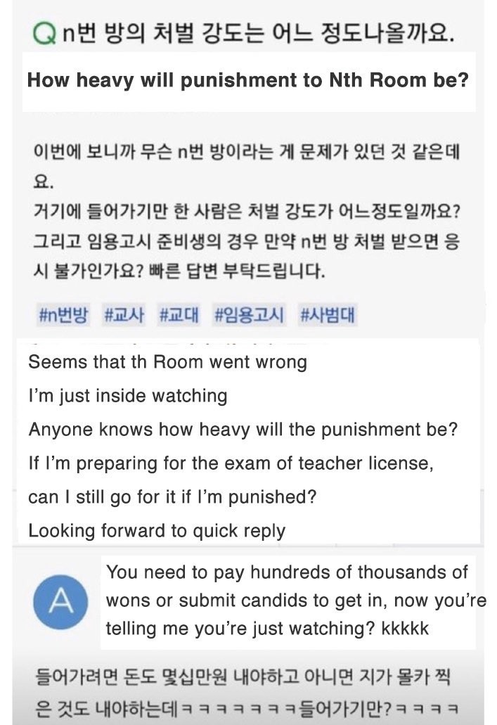 近來，「退出N號房」、「註銷Telegram」、「刪除Telegram博士房足跡」等關鍵詞，不約而同地登上韓國各大網站的熱搜榜，不少「N號房」會員紛紛在韓國最大入口搜尋網站「Naver」知識iN上發文提問「進入Telegram N號房會受到處罰嗎？」遭大批韓國網友大加撻伐。（圖擷取自推特）