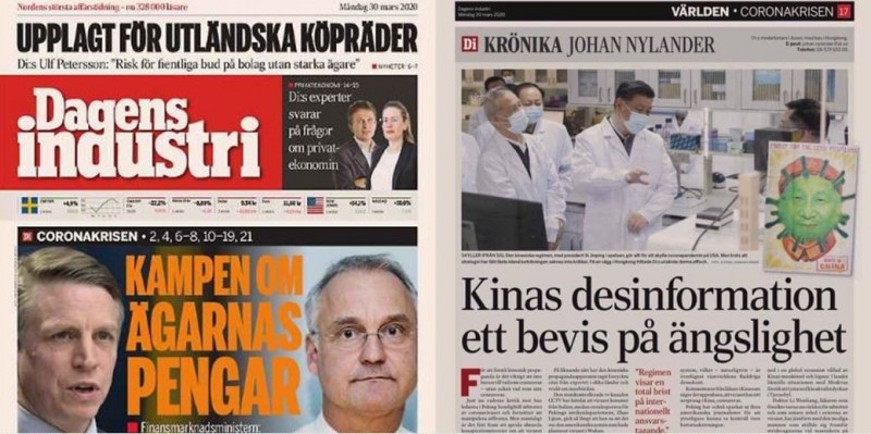 瑞典《每日工業報》（左圖）3月30日在報紙第17版（右圖）全版抨擊中國的宣傳策略。（圖取自Dagens industri paper）