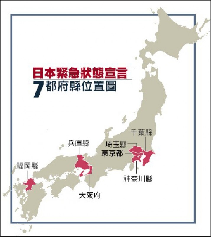 日本緊急狀態宣言7都府縣位置圖