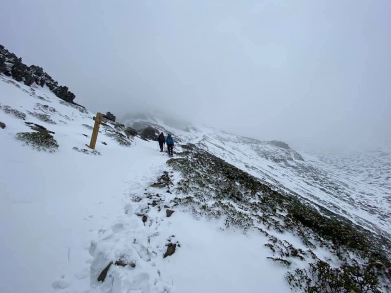 雪山主峰下起4月雪，讓山友十分興奮。（圖由山友Ricky Liu提供）
