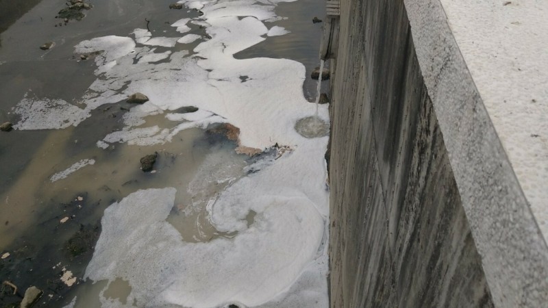 高市筆秀橋大排驚傳泛油污，環保局查獲雞肉加工廠偷排。（記者陳文嬋翻攝）