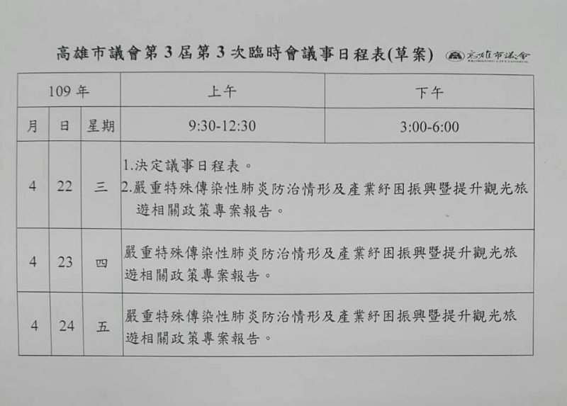 高市議會臨時會議事日程草案。（記者王榮祥翻攝）