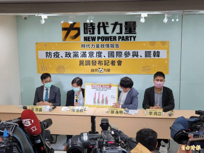 時力智庫舉行民調發布記者會,由黨主席徐永明(右二)主持,出席者包括趨勢民調總經理吳世昌(左一)、時力高雄市黨部主委陳惠敏(左二)、時力智庫執行長李兆立(右一)。(記者謝君臨攝) 時力智庫舉行民調發布記者會,由黨主席徐永明(右二)主持,出席者包括趨勢民調總經理吳世昌(左一)、時力高雄市黨部主委陳惠敏(左二)、時力智庫執行長李兆立(右一)。(記者謝君臨攝)
