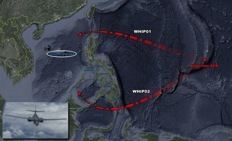 美國空軍B-1B超音速轟炸機今日自關島起飛後，兵分兩路進入南海巡弋。（圖取自「飛機守望」推特）