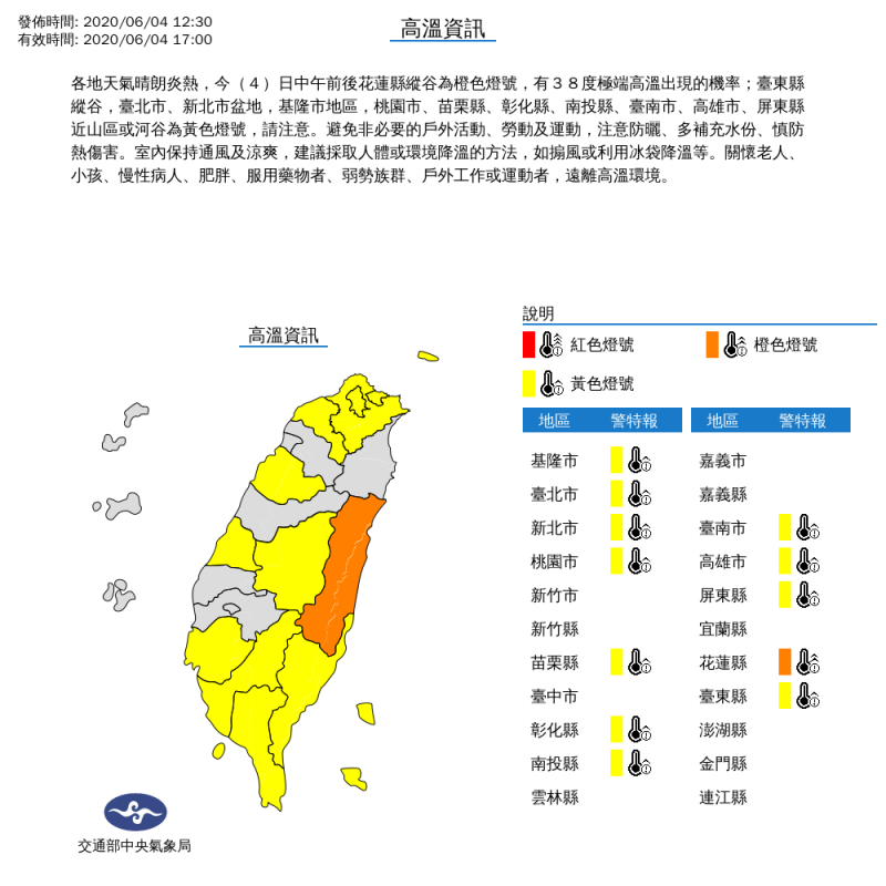 氣象局對全台12縣市分別發布高溫橙色燈號與黃色燈號。（擷取自中央氣象局）