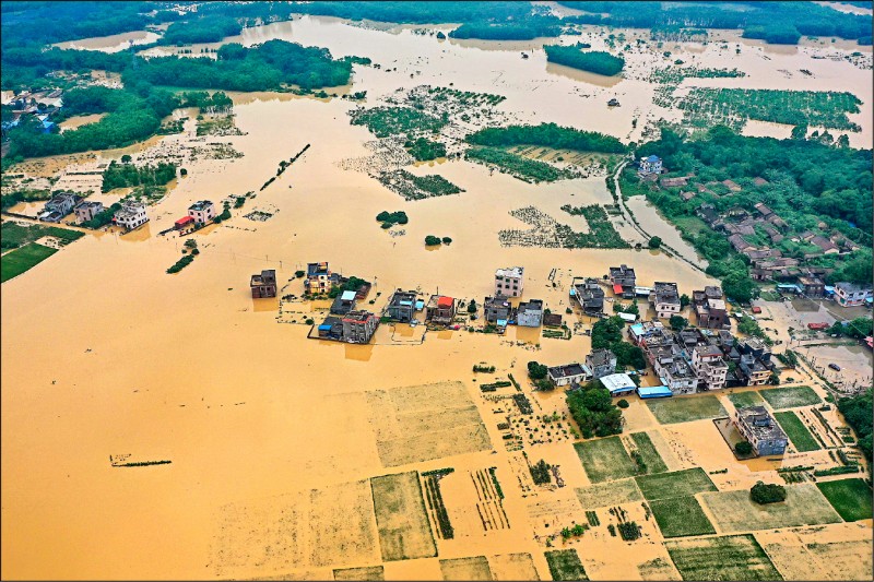 廣東省惠州市永漢鎮六月初遭暴雨襲擊，許多房屋、田地遭洪水淹沒。（路透）
