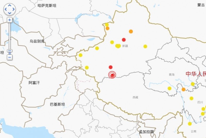 中國新疆今天清晨發生規模6.4地震。（擷取自中國地震局網頁）