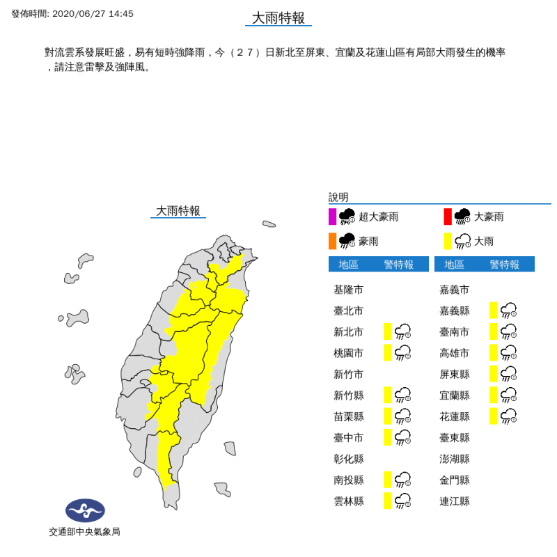 氣象局下午2時45分對新北市、桃園市、新竹縣、苗栗縣、台中市、南投縣、雲林縣、嘉義縣、台南市、高雄市、屏東縣、宜蘭縣及花蓮縣等13縣市發布大雨特報。（擷取自中央氣象局）