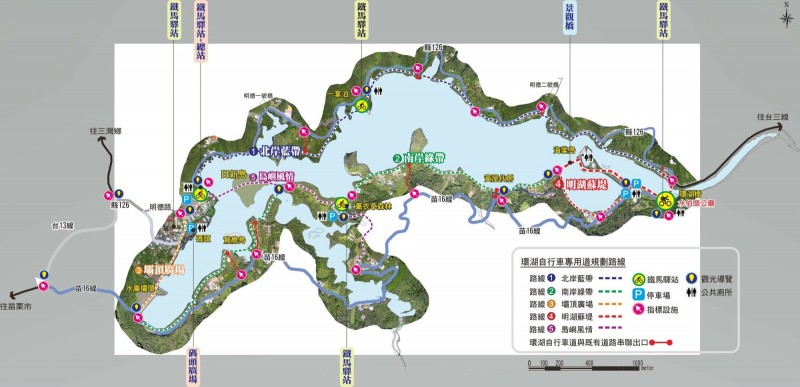 苗栗縣政府規劃在明德水庫建置長約10.5公里的環湖自行車專用道，已獲客委會核定2000萬元進行設計，將朝友善5大特色自行車道路線設計。（記者彭健禮翻攝）