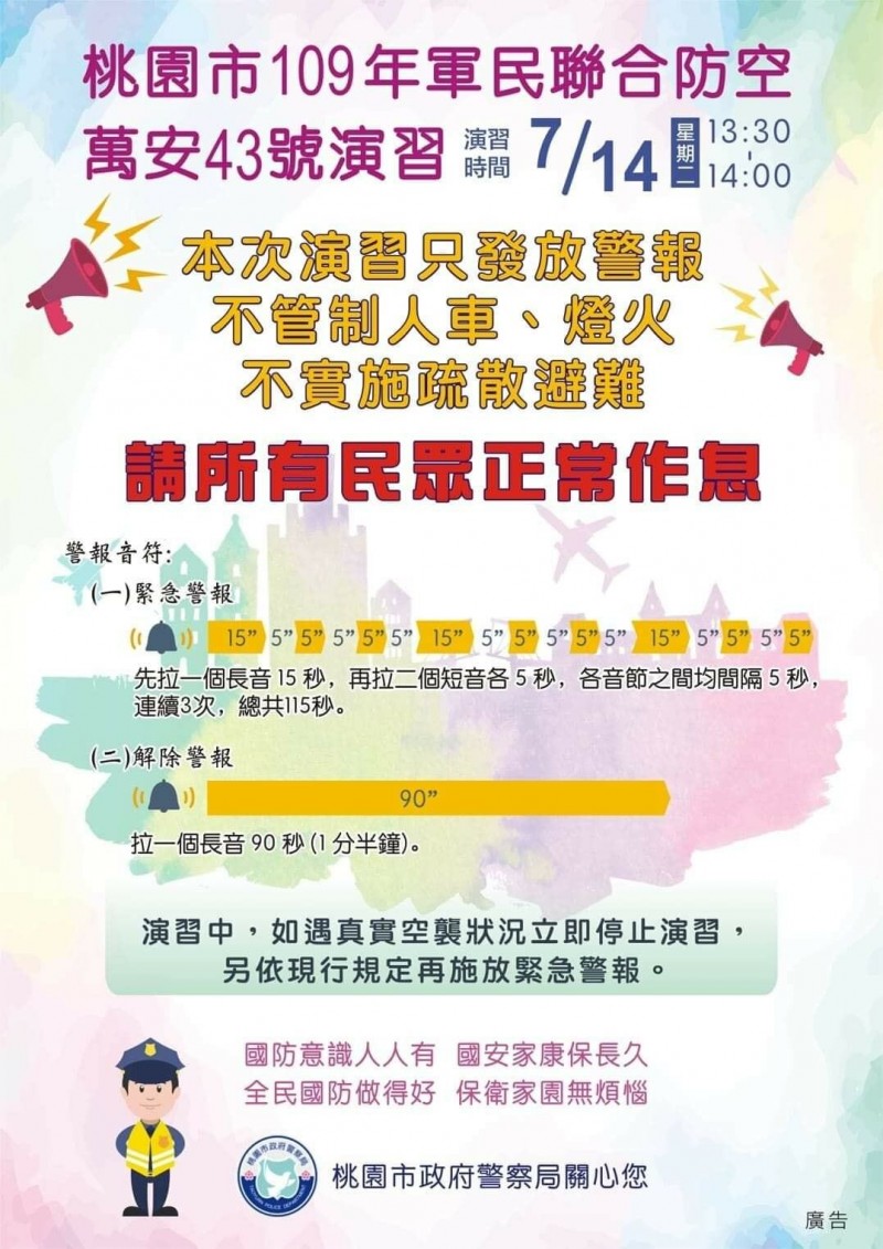 桃園市109年軍民聯合防空萬安43號演習預定於14日舉行。（桃園市政府提供）