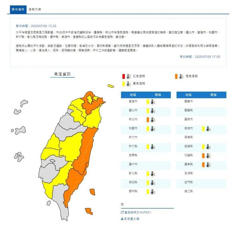 中央氣象局今天中午12時29分，針對12縣市發布高溫警戒。（圖翻攝自中央氣象局官網）