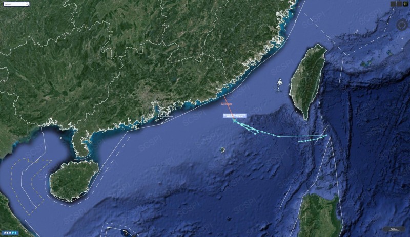 美國空軍1架E-8C「聯合星」偵察機自巴士海峽飛往中國廣東，距離陸地最近的距離僅有72.5海浬（約134.27公里）。（擷取自SCS Probing Initiative推特）