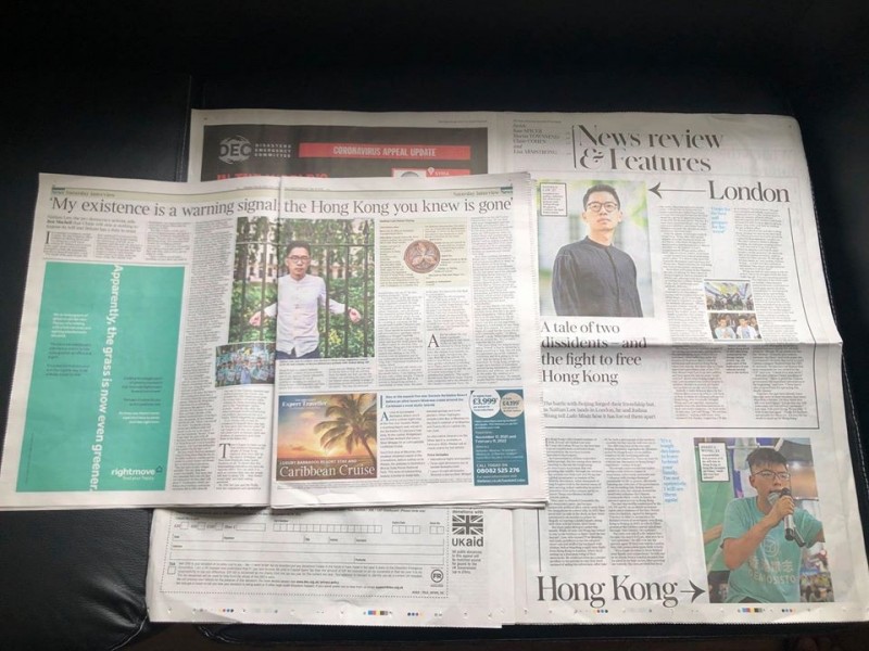 英國百年主流大報《泰晤士報》與銷量最高的大報《每日電訊報》皆以全版跨頁的篇幅，刊登羅冠聰的專訪以及香港議題的報導。（圖擷取自臉書＿羅冠聰 Nathan Law）