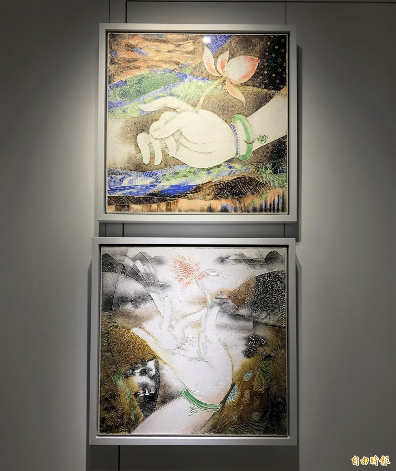 藝術家廖芳乙捐出畫作「拈花微笑02」（下）義賣。（記者張菁雅攝）