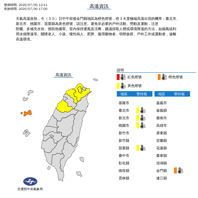 氣象局中午對5縣市發布高溫特報。（擷取自中央氣象局）