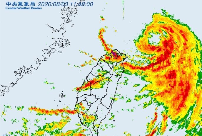 哈格比颱風外圍環流懸臂由淡水河口灌入，台北、新北有大雷雨發生。（圖擷自中央氣象局）