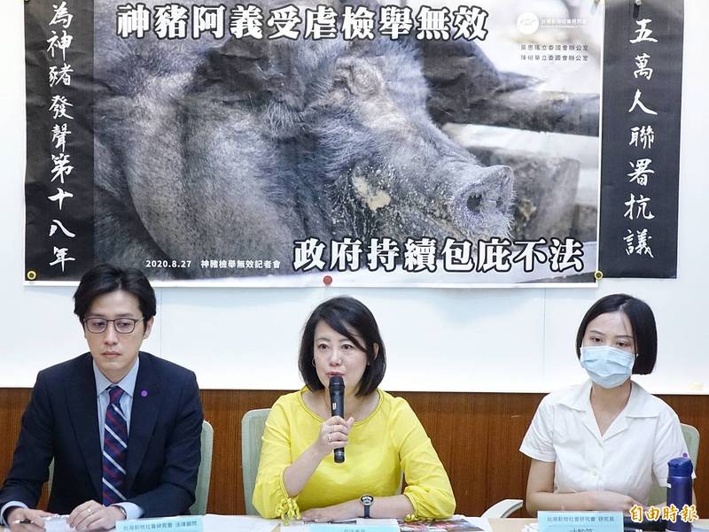 台灣動物社會研究會27日召開「神豬受虐檢舉無效」記者會指出，台灣至今仍有少數宮廟舉辦「神豬重量比賽」，神豬飼養過程備受虐待，最後還被活生生斷喉放血致死，與會的立委吳思瑤（中）看到神豬受虐過程不禁難過落淚，並指出動保法是法律，主管部門對於虐待動物行為該懲處就要懲處。（記者朱沛雄攝）