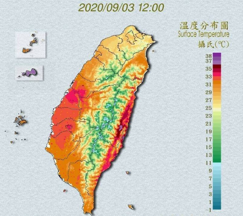 金門跟台東部分地區高溫都飆破38度，溫度分布圖呈現熱到發紫。（中央氣象局）
