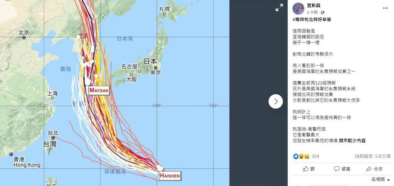 氣象專家賈新興今日分析全球123組颱風路徑潛勢預報，指出中颱海神登陸朝鮮半島的路徑高度與中颱梅莎重疊，嚴厲考驗南北韓的防颱能力。（圖擷取自臉書＿賈新興）