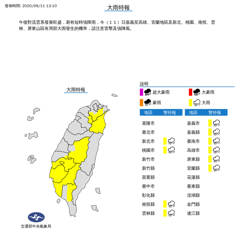 氣象局下午1時10分對新北市、桃園市、南投縣、雲林縣、嘉義縣、嘉義市、台南市、高雄市、屏東縣及宜蘭縣等10縣市發布大雨特報。（擷取自中央氣象局）