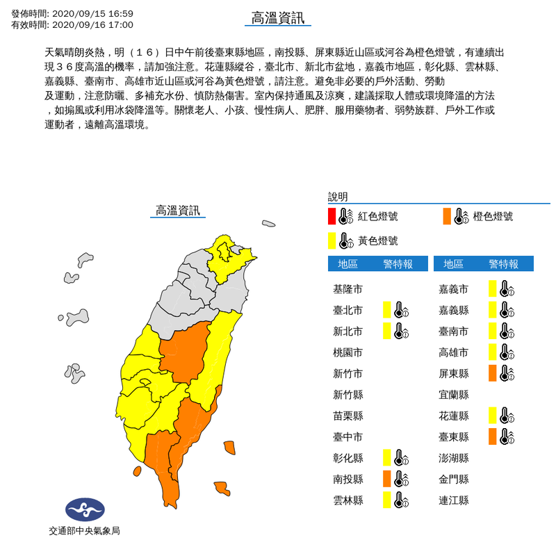 中央氣象局預報員林定宜說，週四以前都是秋老虎天氣，高溫維持在33到36度，尤其大台北、彰化以南及花東縱谷地區有機會上看36度以上。（圖擷取自中央氣象局）