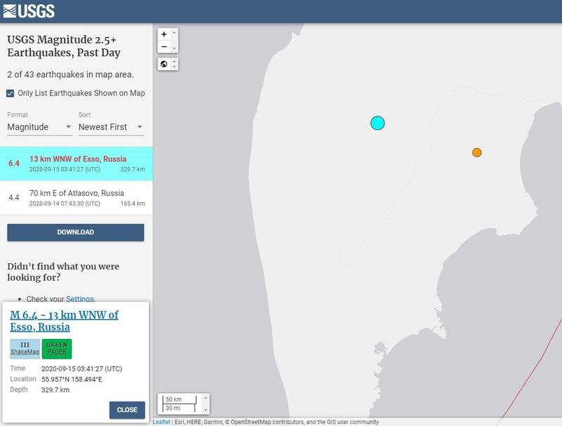 俄羅斯遠東地區堪察加半島今日上午發生芮氏規模6.4強震。（擷取自USGS）