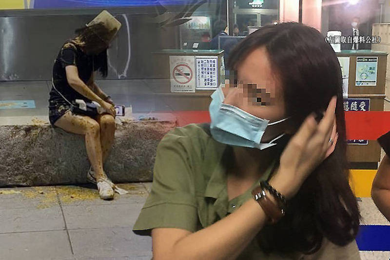 21歲邱姓女子昨晚在台北市信義區威秀影城中庭，遭黑衣口罩男以整桶糞水淋下。（本報合成）