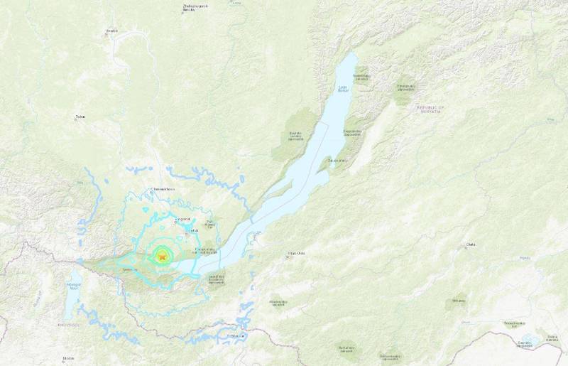 貝加爾湖西部一帶在今日凌晨連兩震。（圖擷取自USGS）