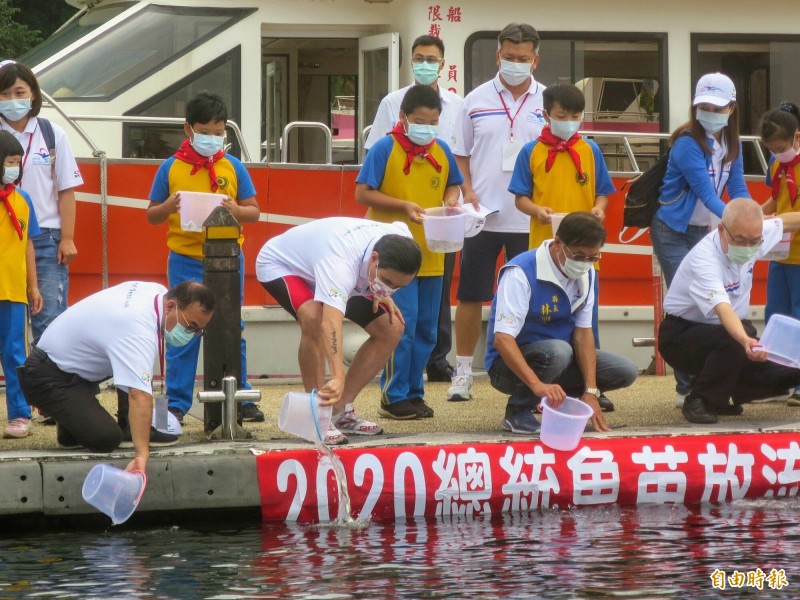 前總統馬英九第8度挑戰日月潭萬人泳渡，惟出席潭區放魚苗時，膝蓋卻疑似彎不下去，對照身旁的人全都蹲低放魚苗，顯得有些突兀。（記者劉濱銓攝）