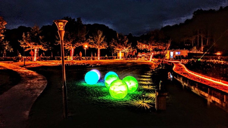 慈湖亮了！約2000坪夜間光環境，以黃光暖色調的防水LED燈條裝飾，草坪擺上光球，樹下隱藏太陽光芒投射燈，環境氛圍浪漫。（風管處提供）
