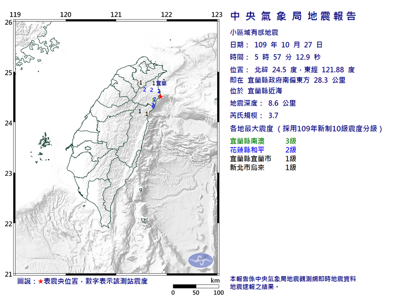 今天上午5時57分發生小區域有感地震，震央位於宜蘭縣近海，芮氏規模3.7。（圖翻攝自中央氣象局）